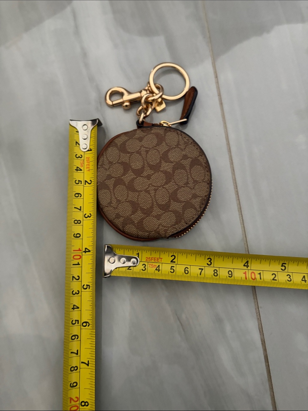 Coach Signature Canvas Round Coin Case Keychain - Brown/Tan